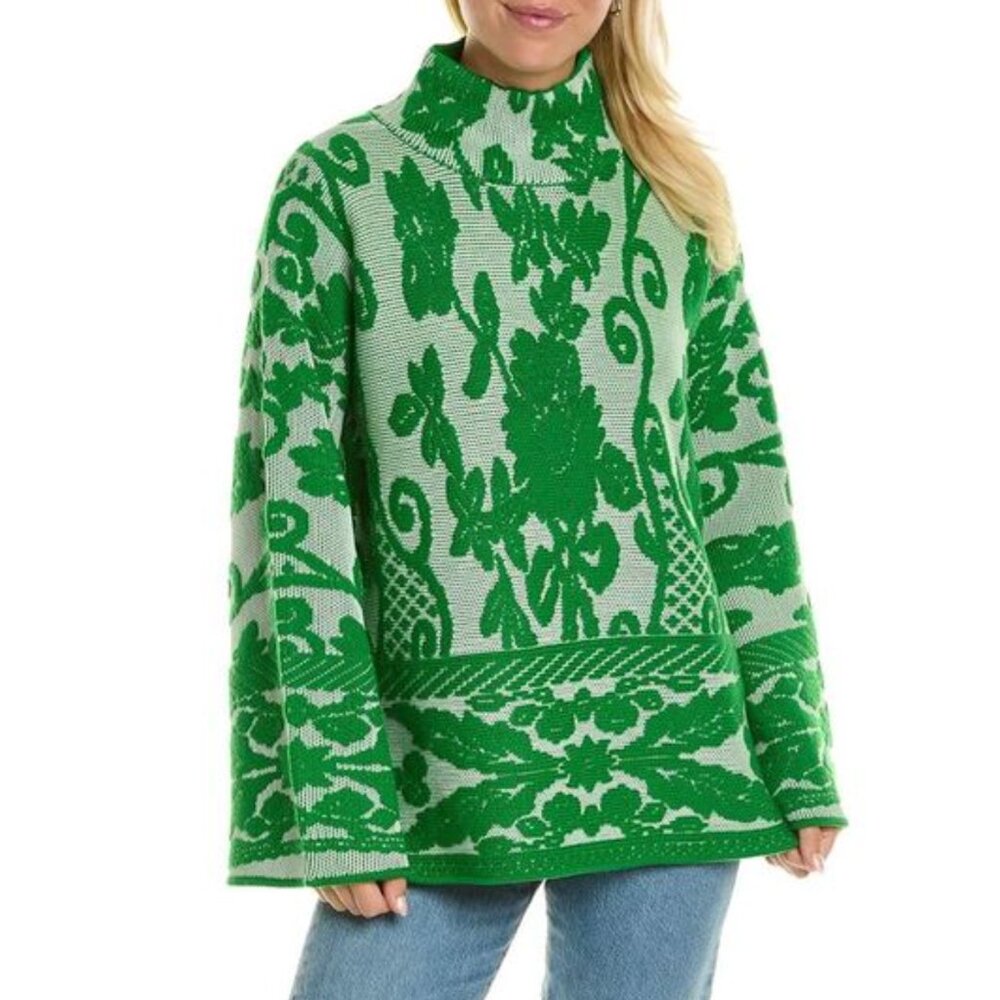 Rebecca Taylor Oversize Sweater in Green Merino Wool Tapestry Jacquard, XS, NWOT